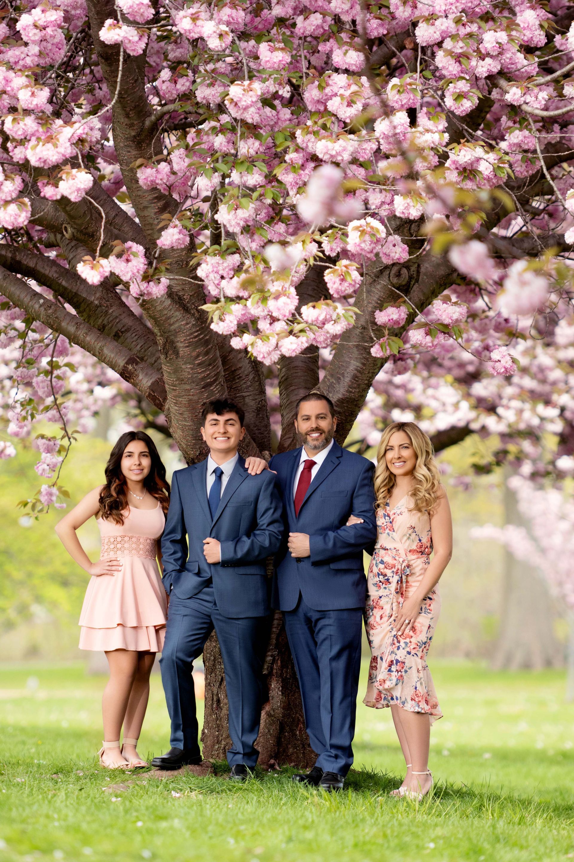 Family of four posing under a blossoming pink tree in a park. Everyone is smiling, wearing formal attire.