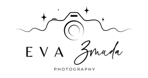 Logo: A camera outline with "EVA Zmuda" and "PHOTOGRAPHY". Stars and wavy lines accent the design.