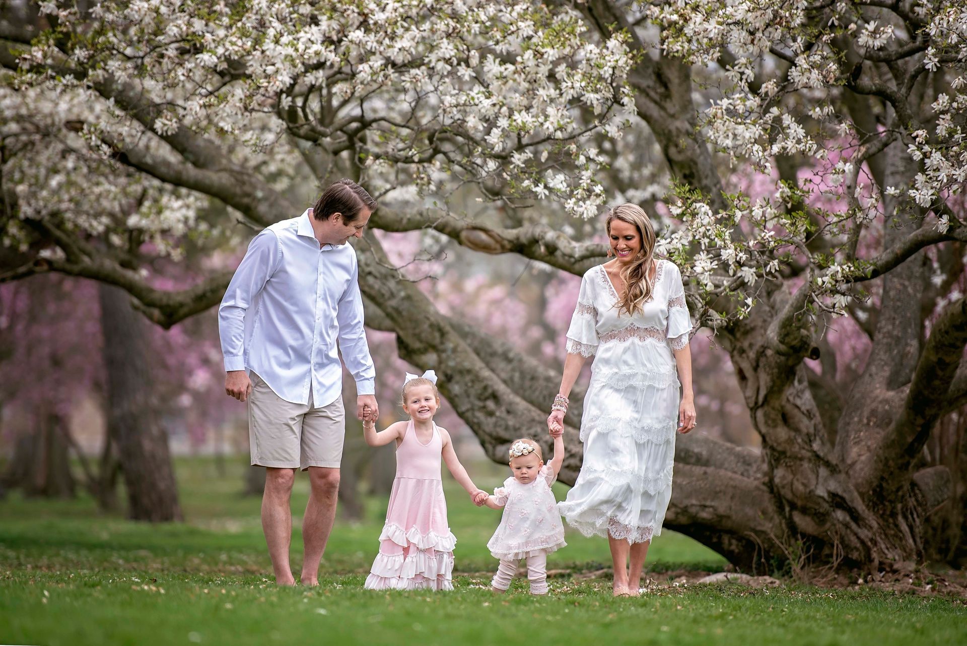 Family of four holding hands, walking under blossoming tree. Pink and white flowers. Smiling faces.