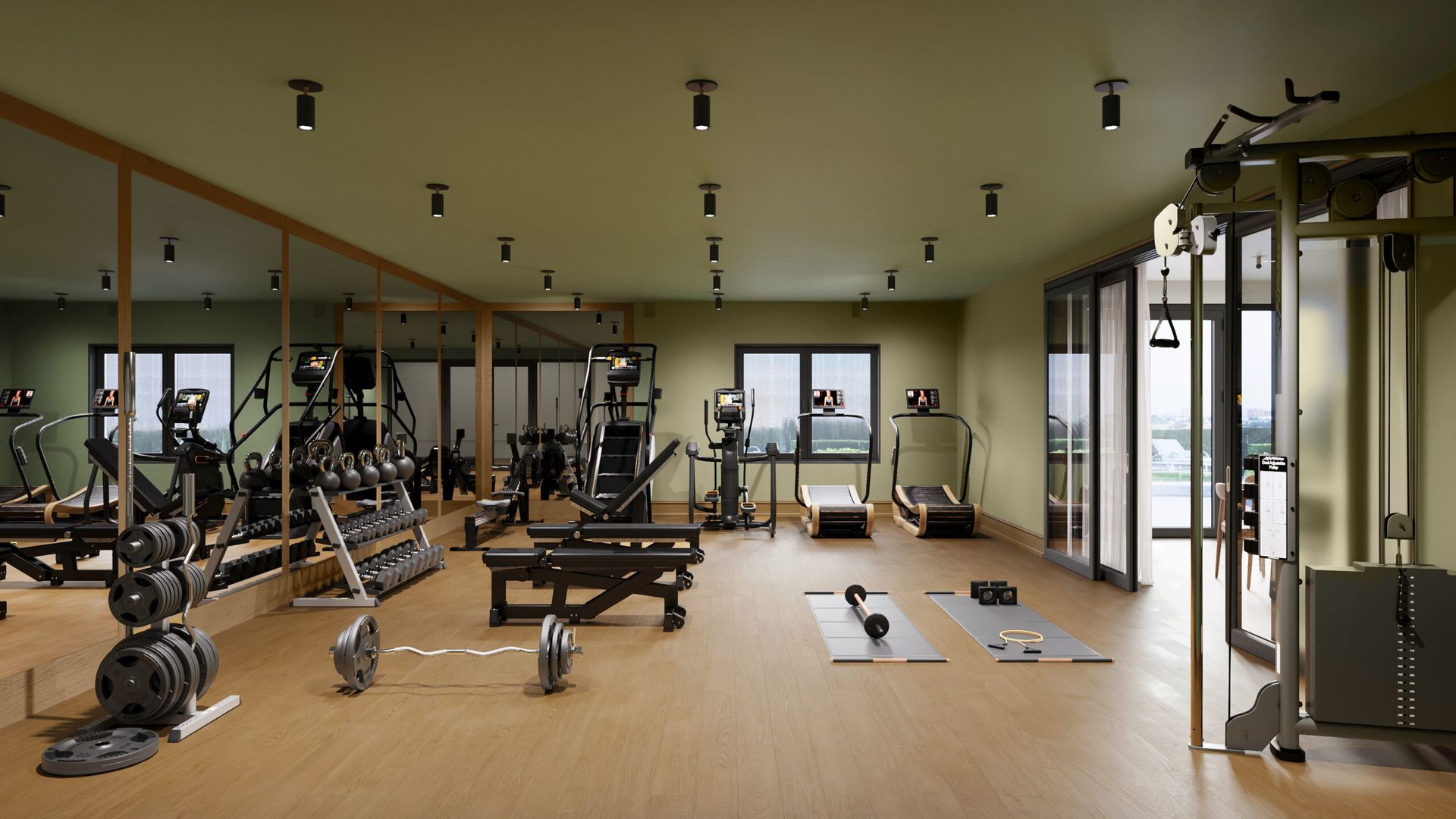Rendering of a fitness center with a wide range of equipment