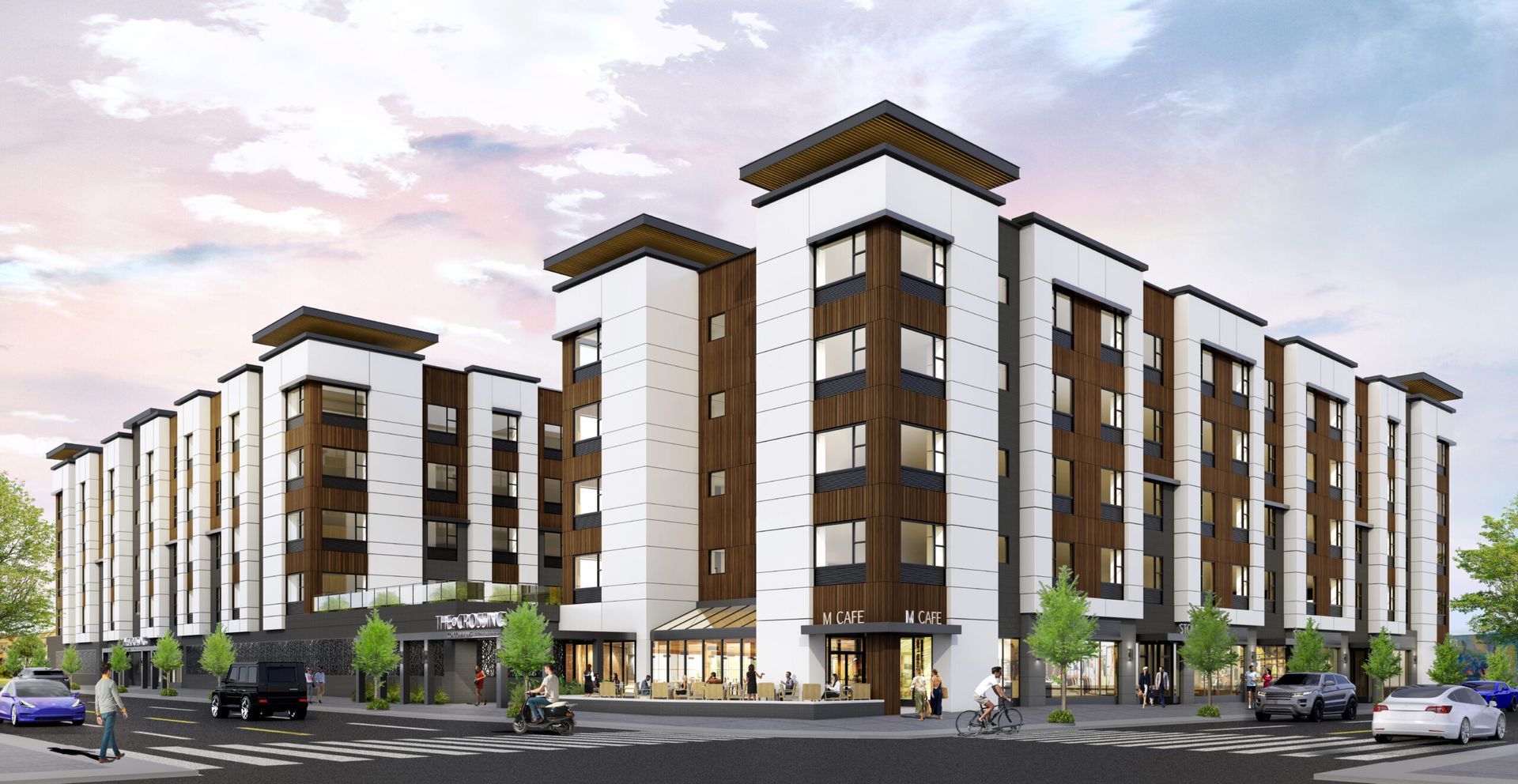 Rendering of a large, multi-story building at the corner of a city block