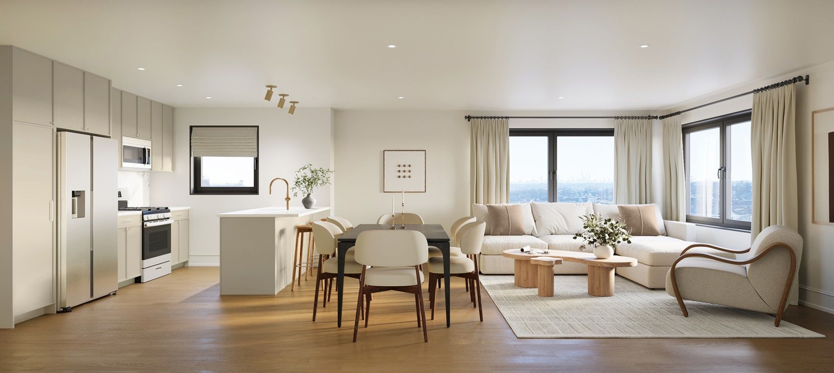 Rendering of a kitchen area with a dining area next to it