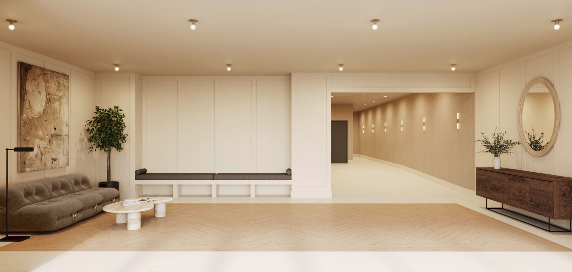 Rendering of a large, well-lit lobby