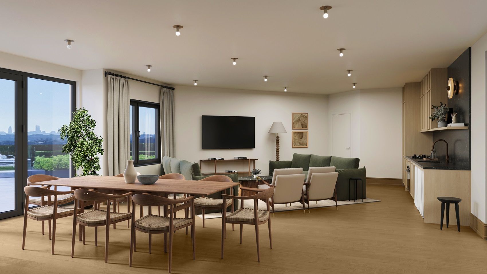 Rendering of a living room with an open floor plan and plenty of open space