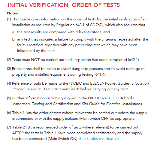 Initial verification, order of tests for an installation