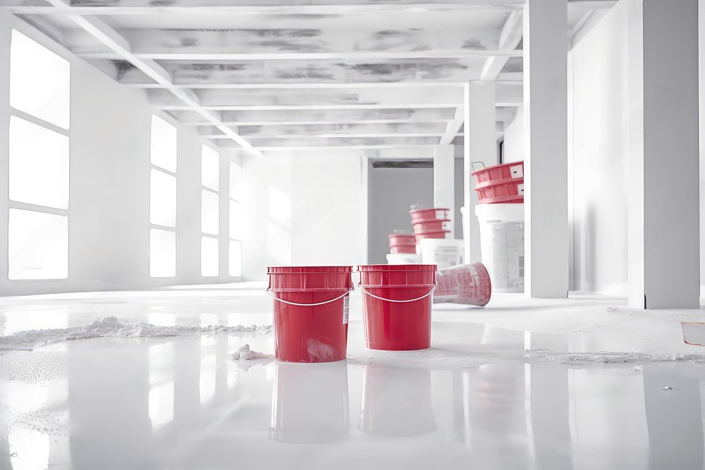 two red buckets are sitting on a white floor in an empty room .