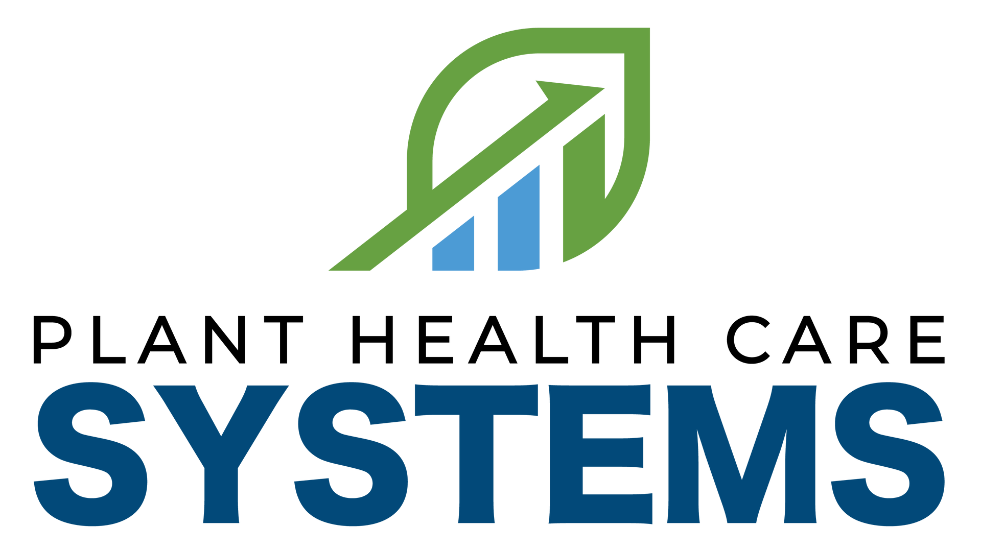 A logo for plant health care systems with a green leaf and an arrow.