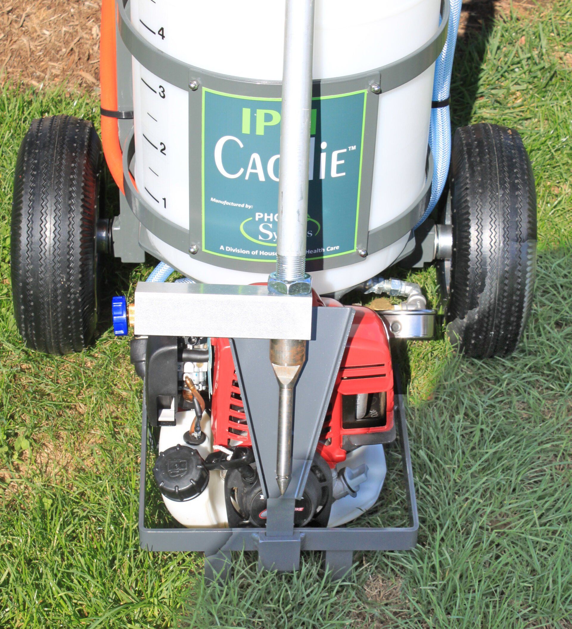 A lawn mower with the word cache on it