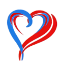 Blue and red heart-shaped graphic; each side has stylized strokes converging at the top, suggesting unity.