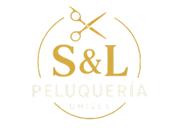Logotipo dorado de S&L Peluquería con un icono de tijeras dentro de un círculo sobre fondo blanco.