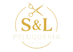 Logotipo dorado de S&L Peluquería con un icono de tijeras dentro de un círculo sobre fondo blanco.