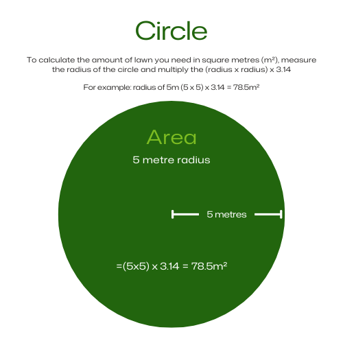 Diagram calculating the area of a circle with a 5-meter radius; includes formula and example.