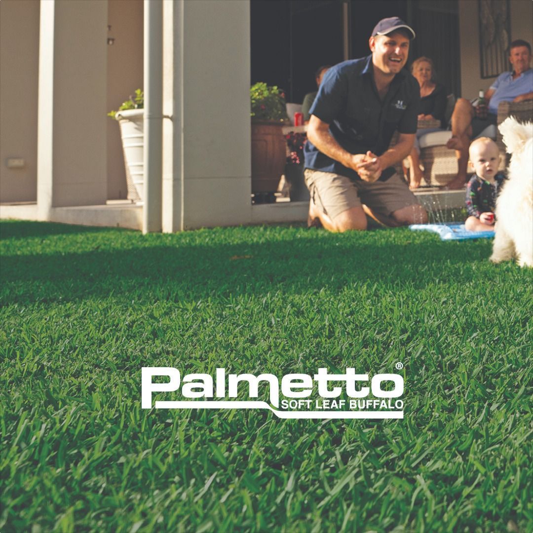 Man kneels on green grass, smiling at a child and a fluffy white dog. Family in background.