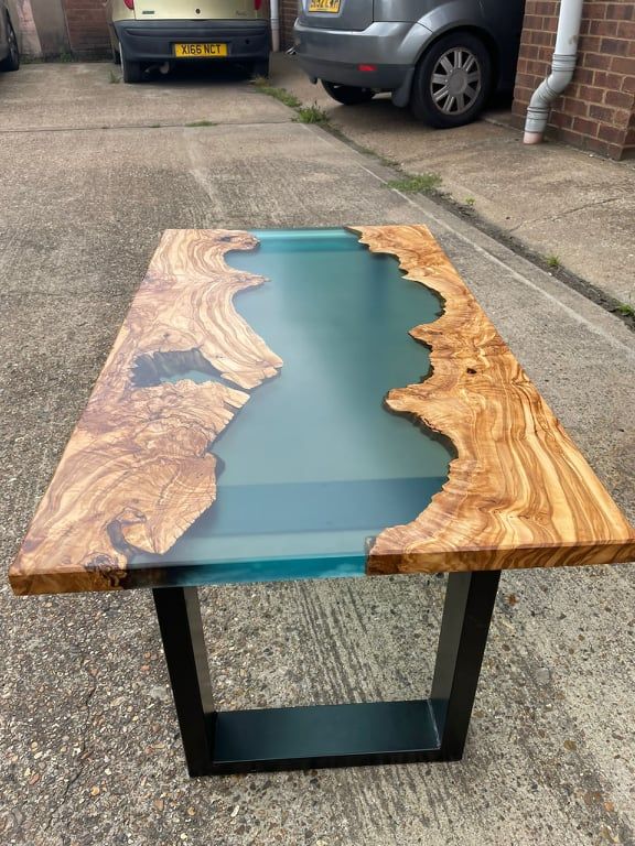 Tunisian olive wood river table with green resin inlay