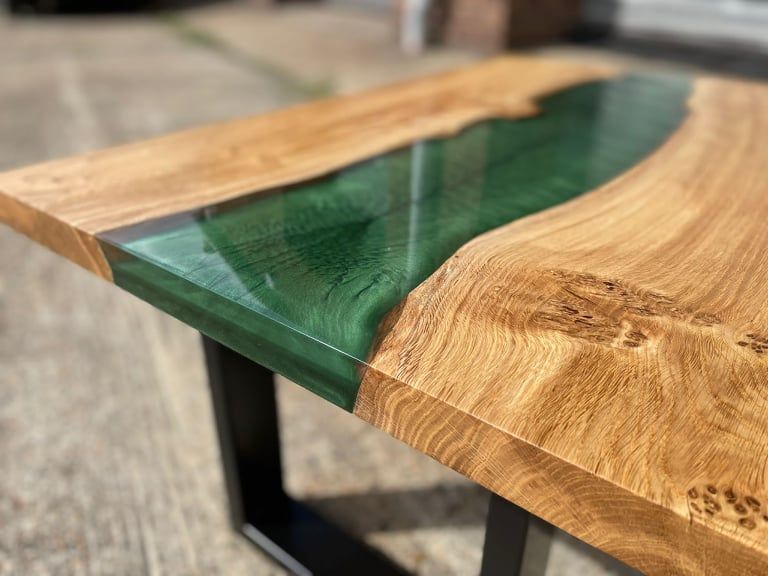 Oak river table with layered green resin inlay