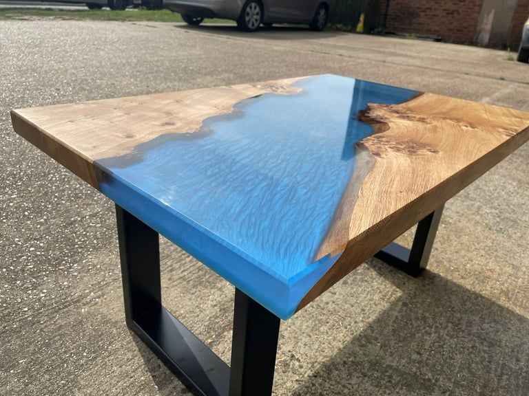 Oak river table with layered resin inlay