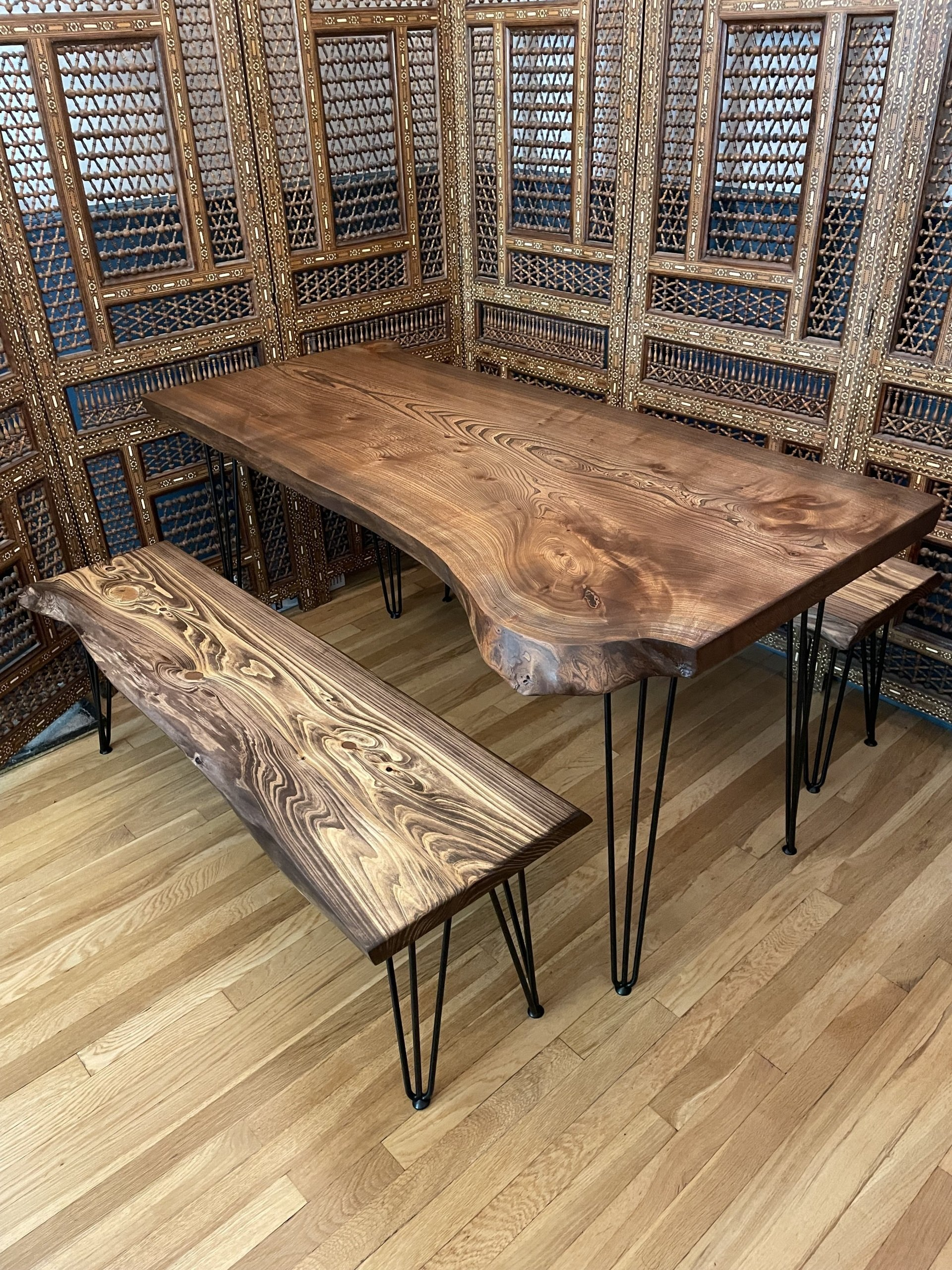 Single slab elm table with benches