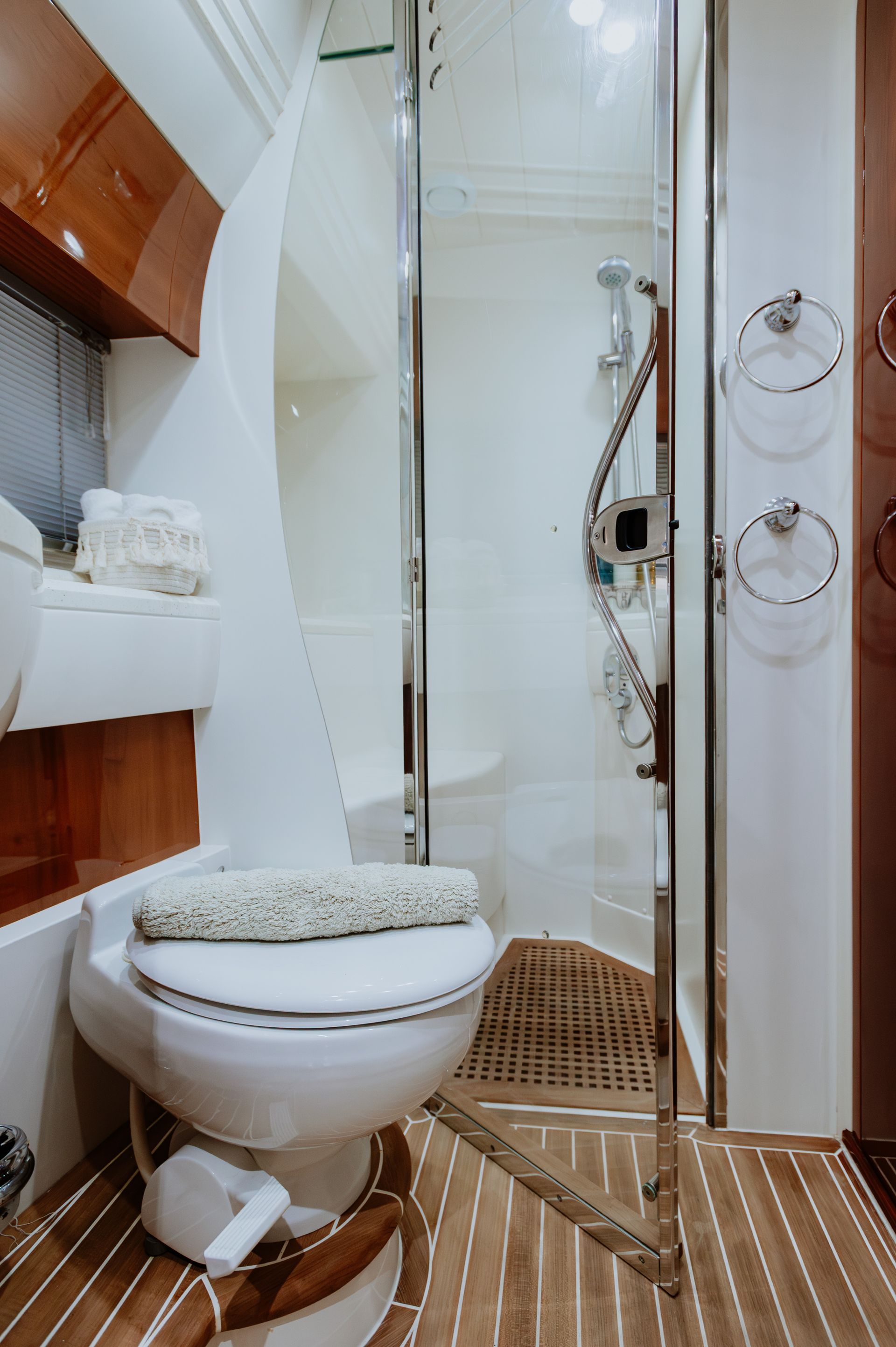 Modern yacht shower with sleek fittings and clean design