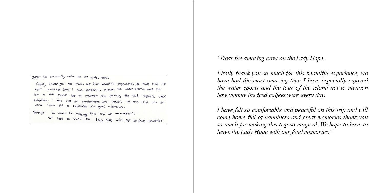 Close-up of guestbook entries from luxury yacht visitors