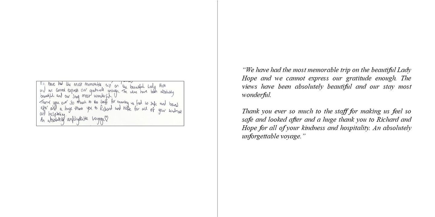 Pages of a yacht guestbook with memorable sailing experiences