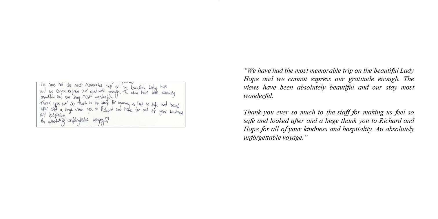 Pages of a yacht guestbook with memorable sailing experiences