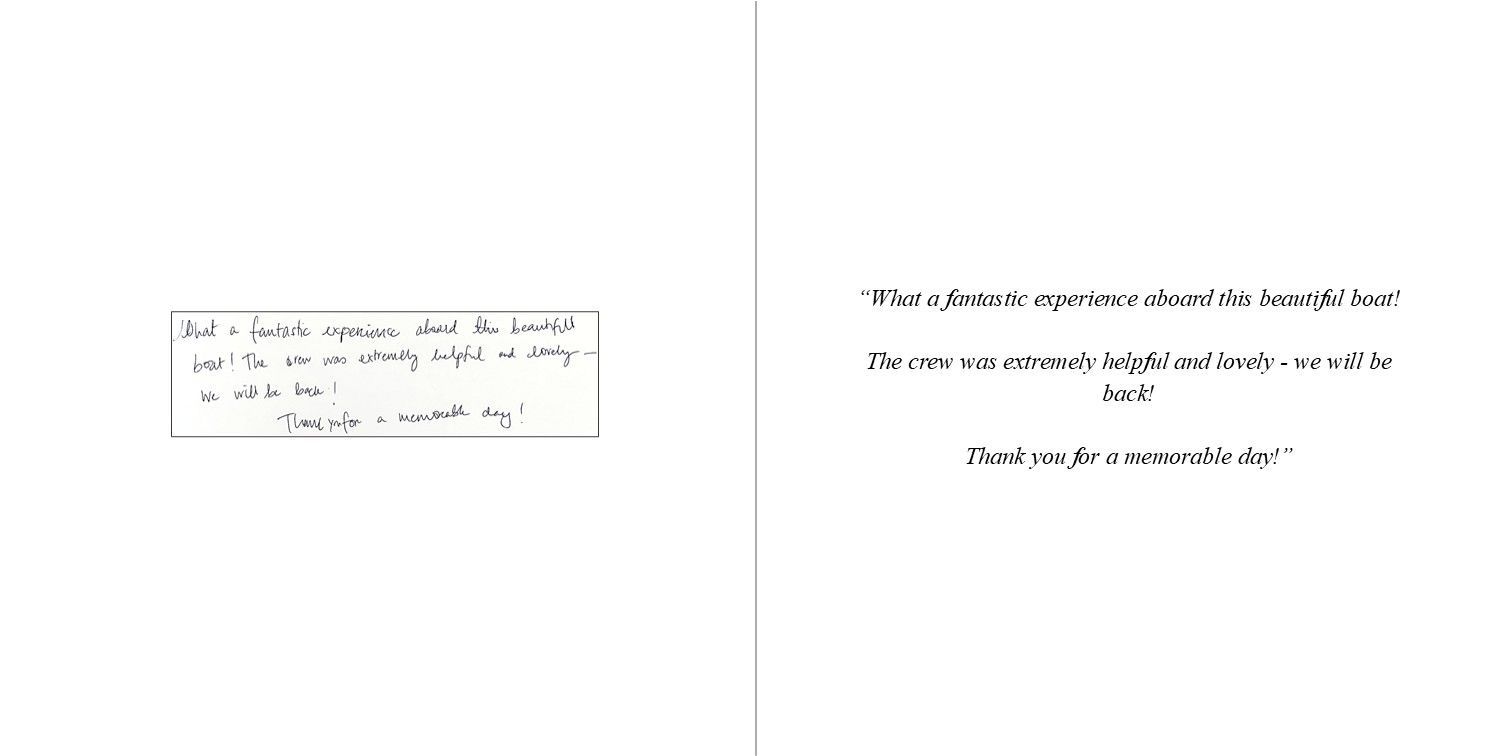 Handwritten testimonials in a luxury yacht guest book