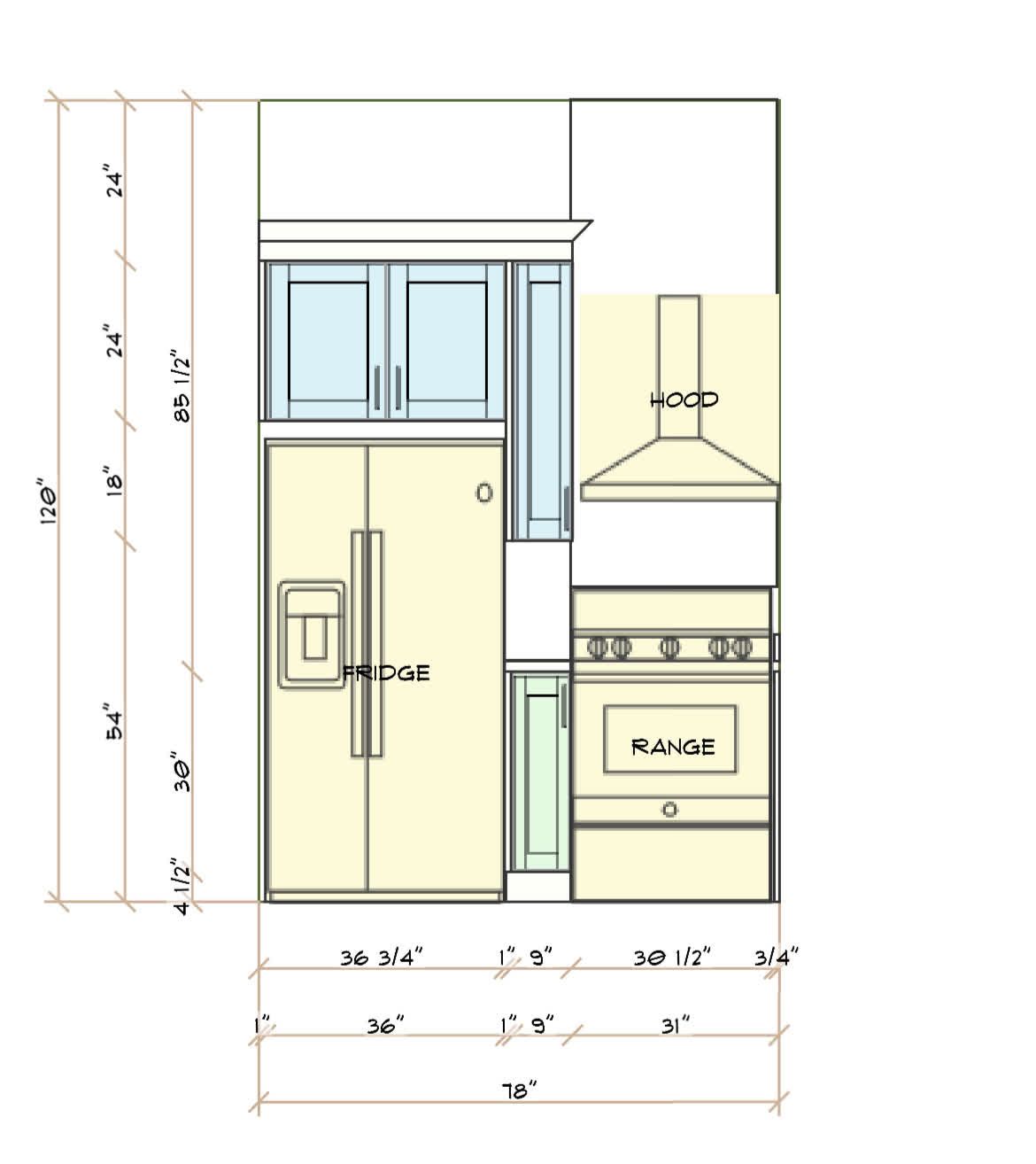 A drawing of a kitchen with a refrigerator and stove