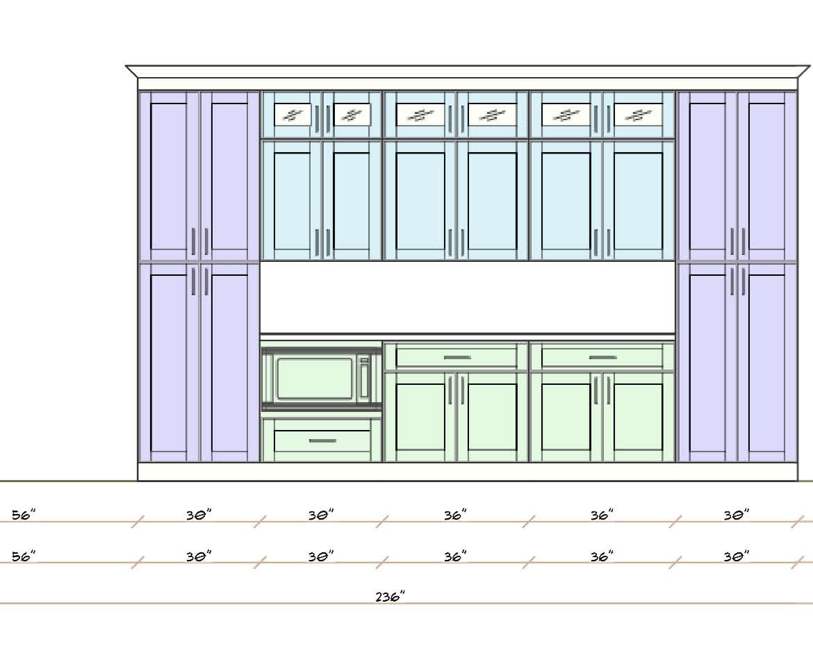 A drawing of a kitchen with purple cabinets and green cabinets