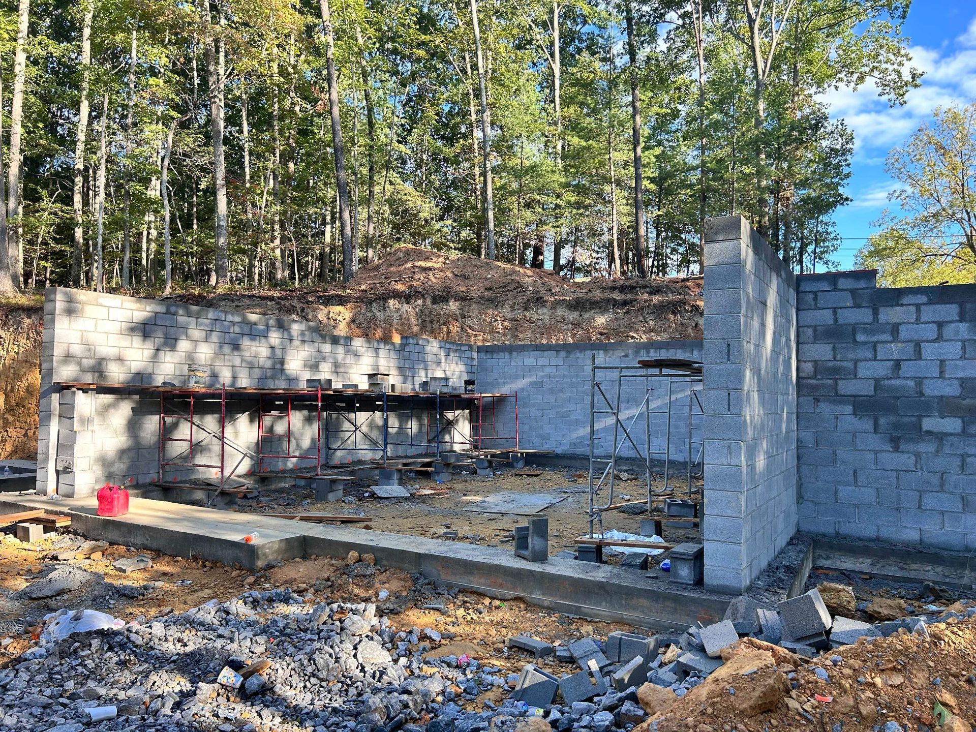 A brick wall is being built in the middle of a forest.