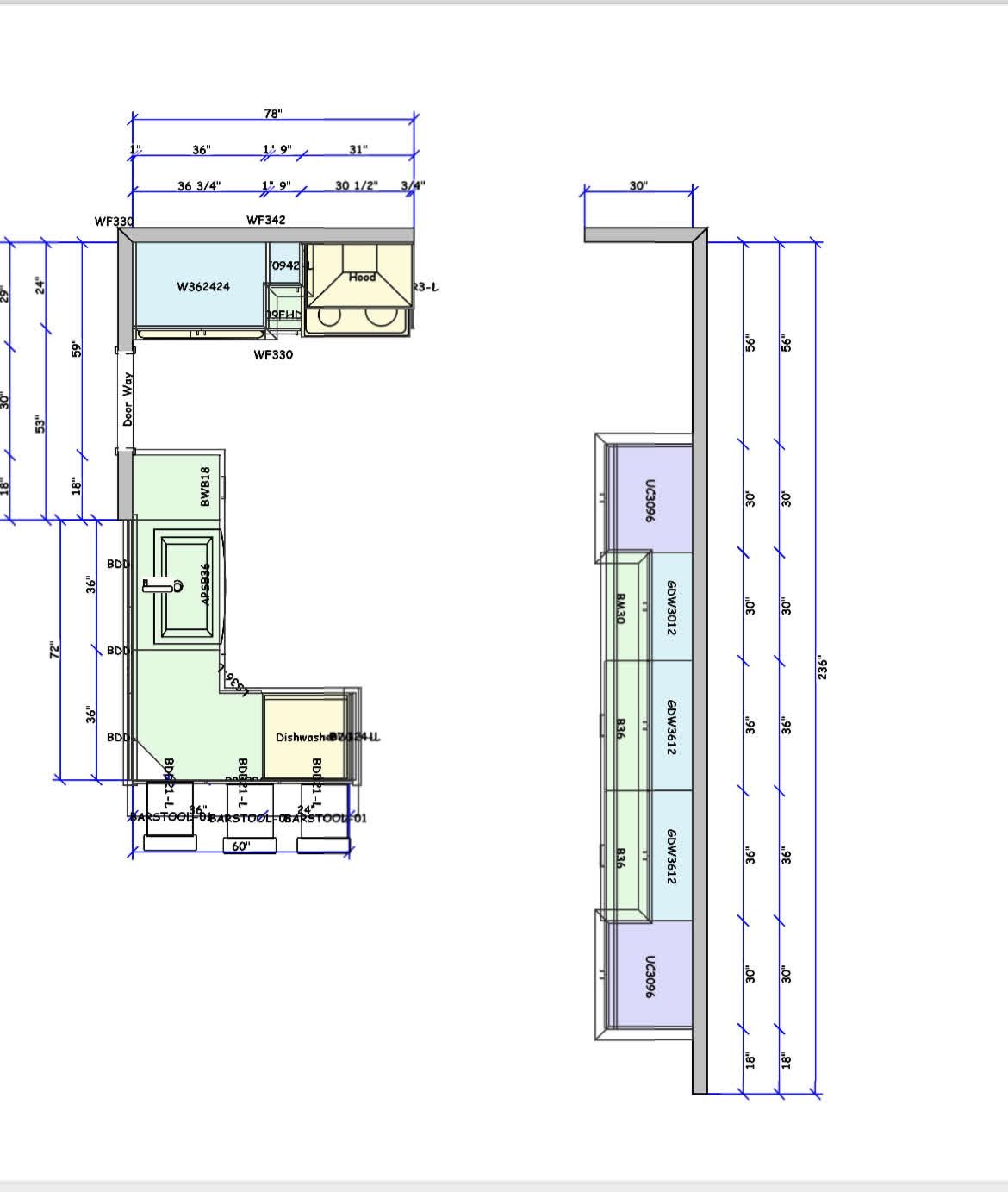 A drawing of a kitchen with measurements on it