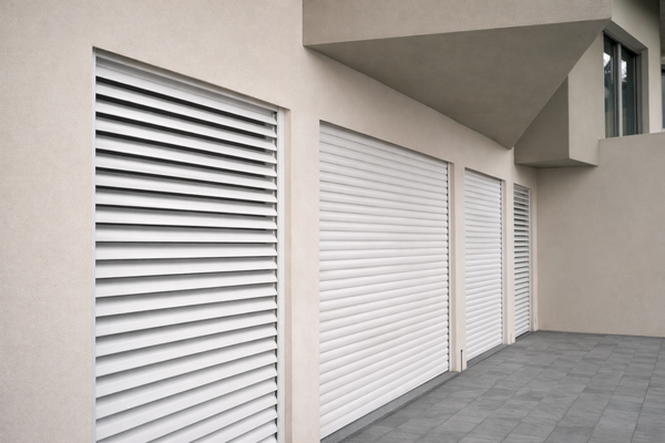 Esterno di un edificio con tre persiane avvolgibili di sicurezza bianche e una finestra a stecche.