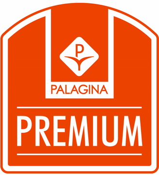 Logo arancione Palagina Premium con testo e stemma bianchi.