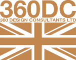 a logo for 360 Design Consultants Ltd with a british flag design in gold and white