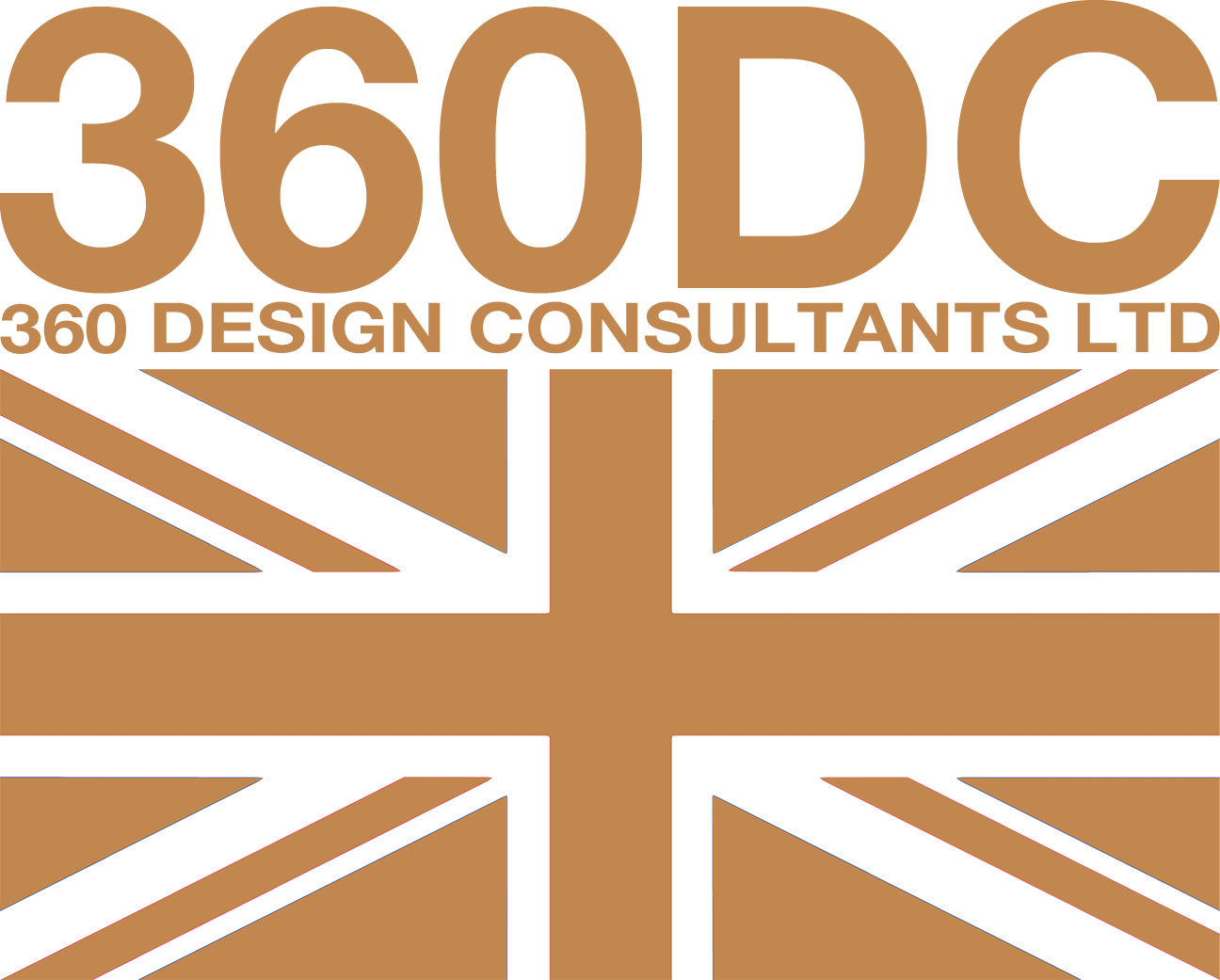 a logo for 360 Design Consultants Ltd with a british flag design in gold and white