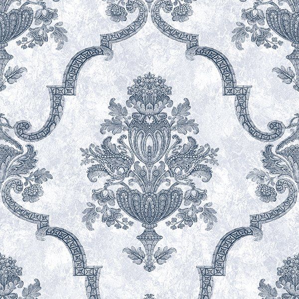 a blue and white damask wallpaper with a floral pattern on a white background .