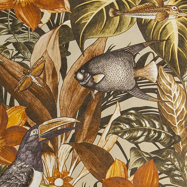 a painting of a toucan and a fish surrounded by leaves and flowers