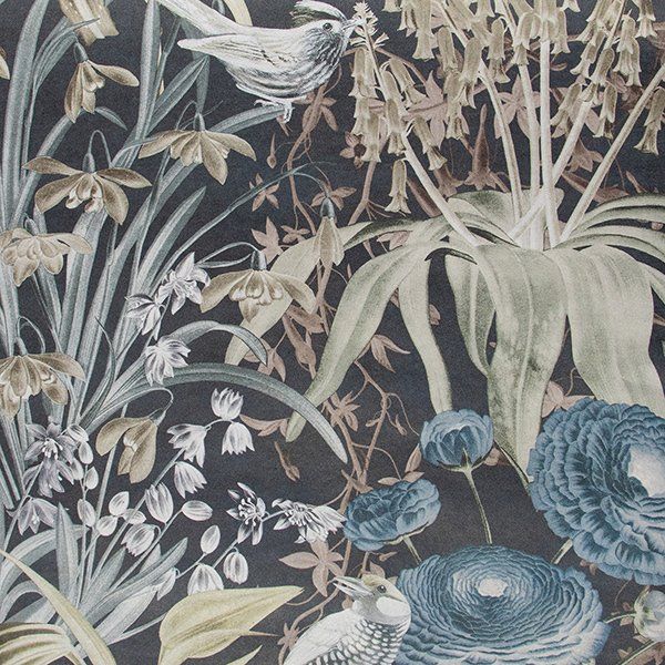 a black background with flowers and birds on it