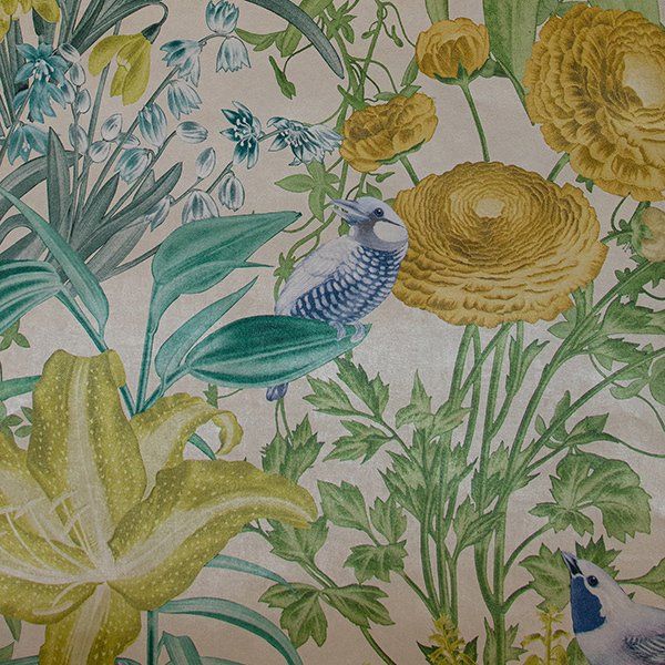 a painting of flowers and birds on a white background