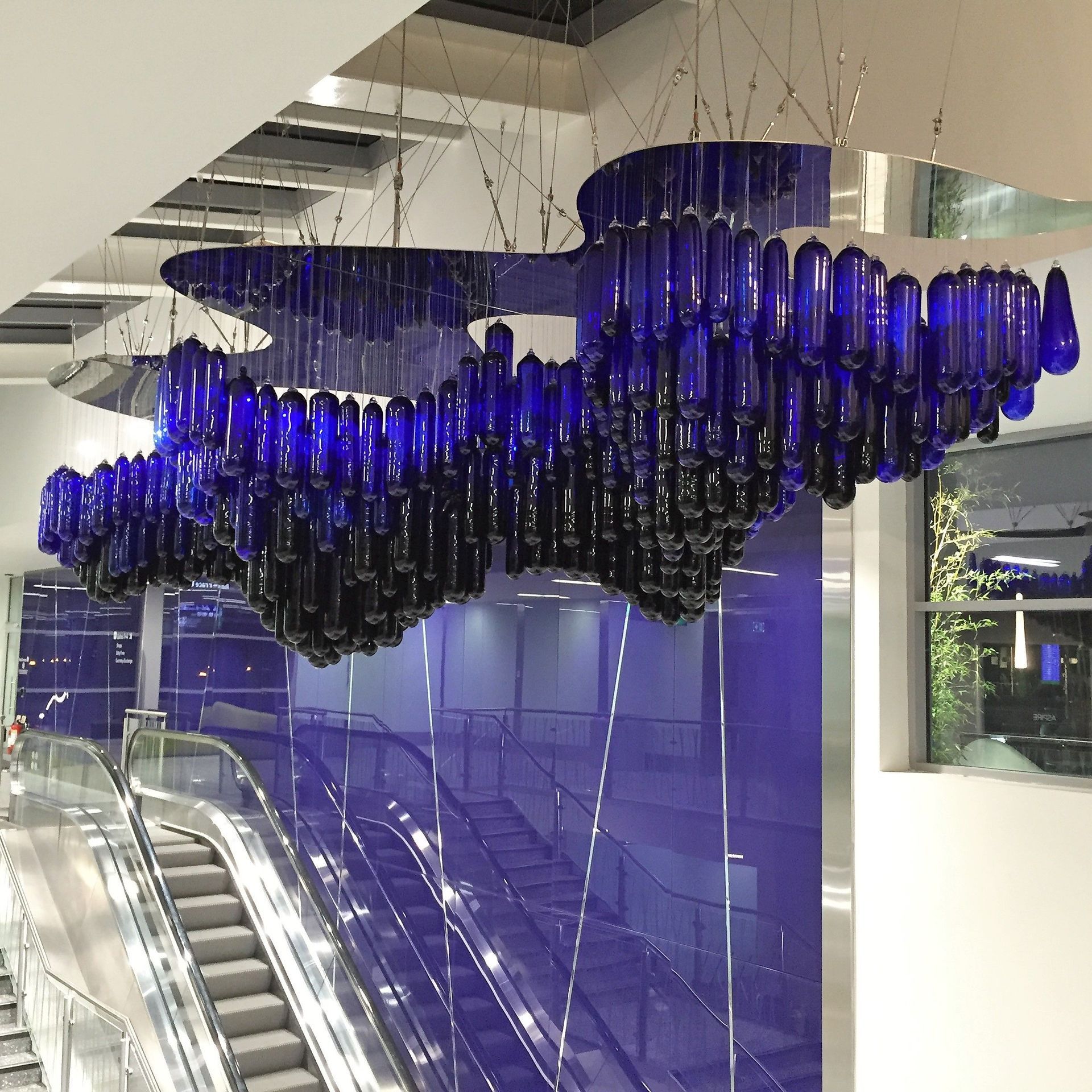 blown glass Bristol Blue chandelier from Roast Design installed at Bristol Airport