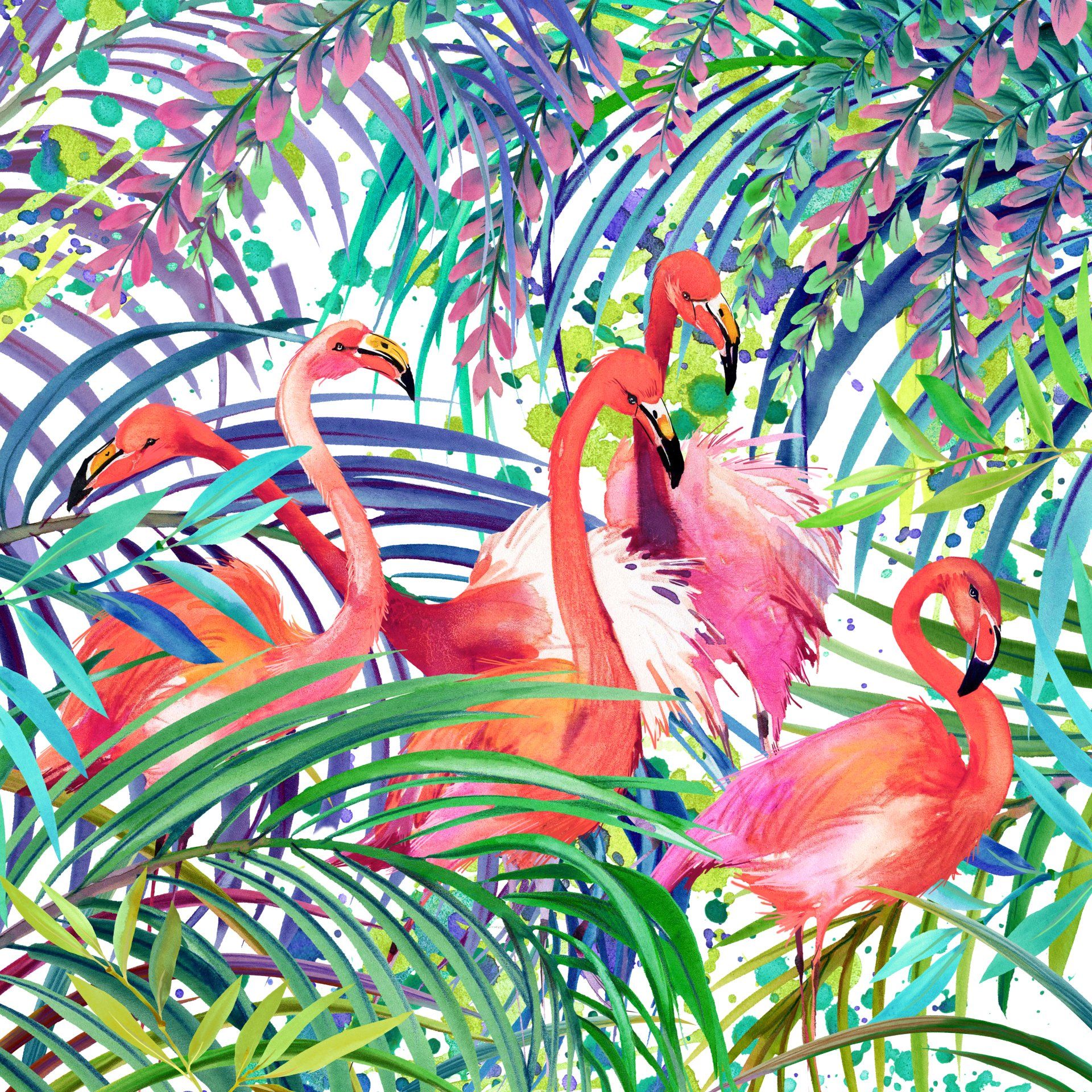 a painting of flamingos surrounded by palm trees and flowers