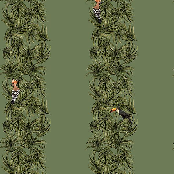 a green background with a pattern of leaves and birds