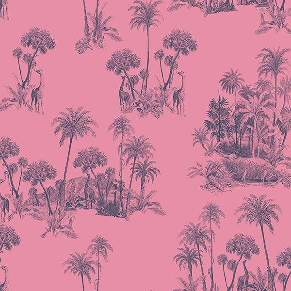 a pattern of palm trees and giraffes on a pink background