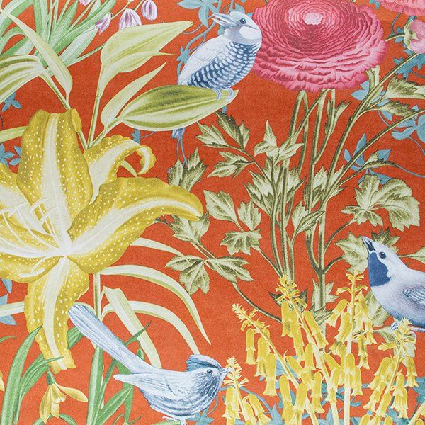 a painting of birds and flowers on an orange background