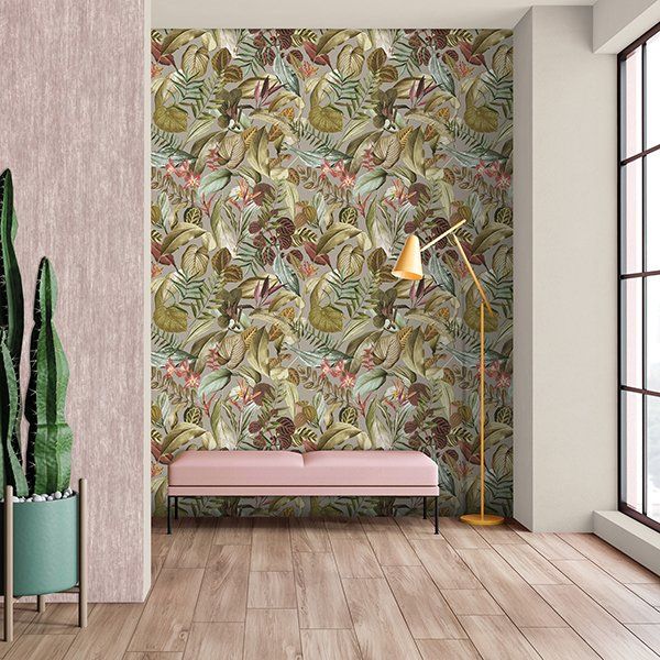 a living room with a pink bench and a lamp