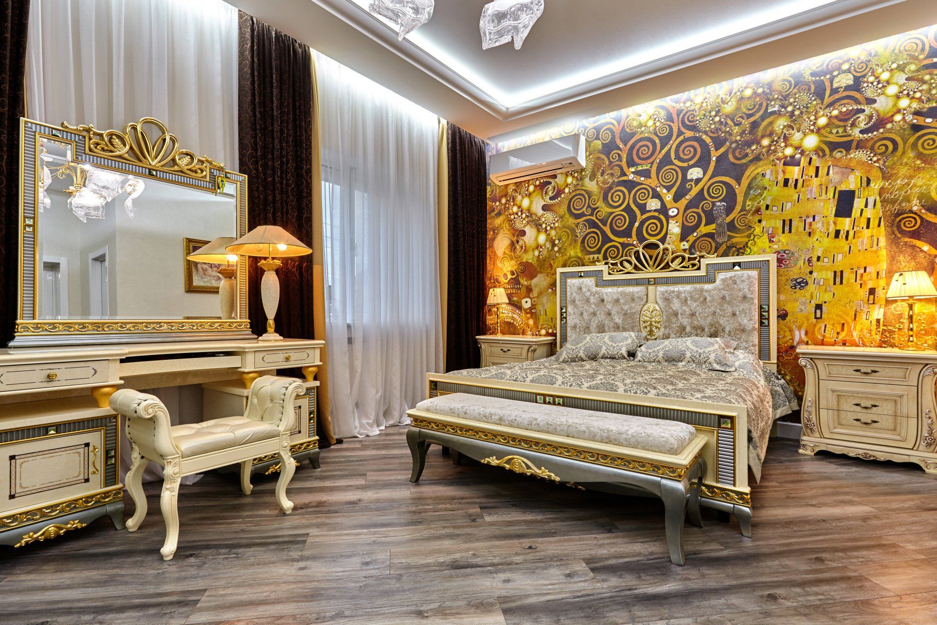 a bedroom with a large bed and a mirror