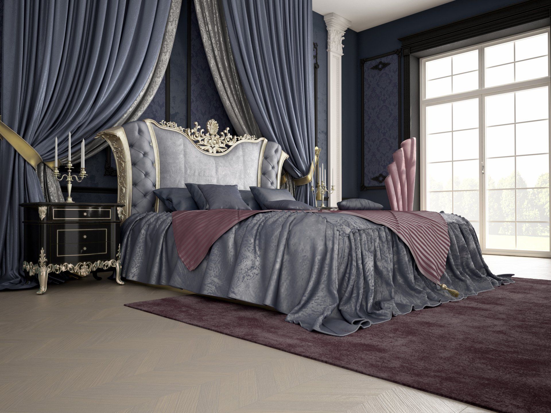a bedroom with a large bed and purple curtains