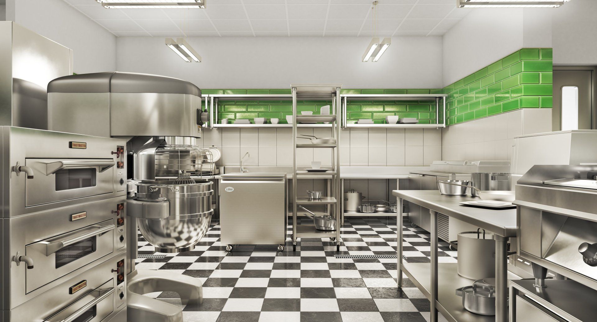 a kitchen with stainless steel appliances and a checkered floor