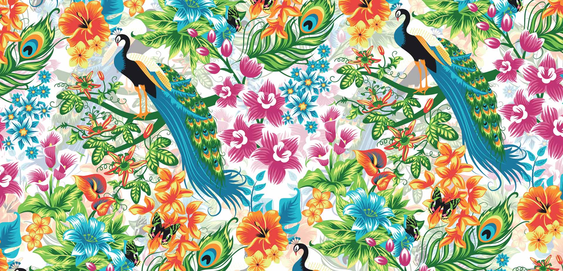a seamless pattern with peacocks and flowers on a white background