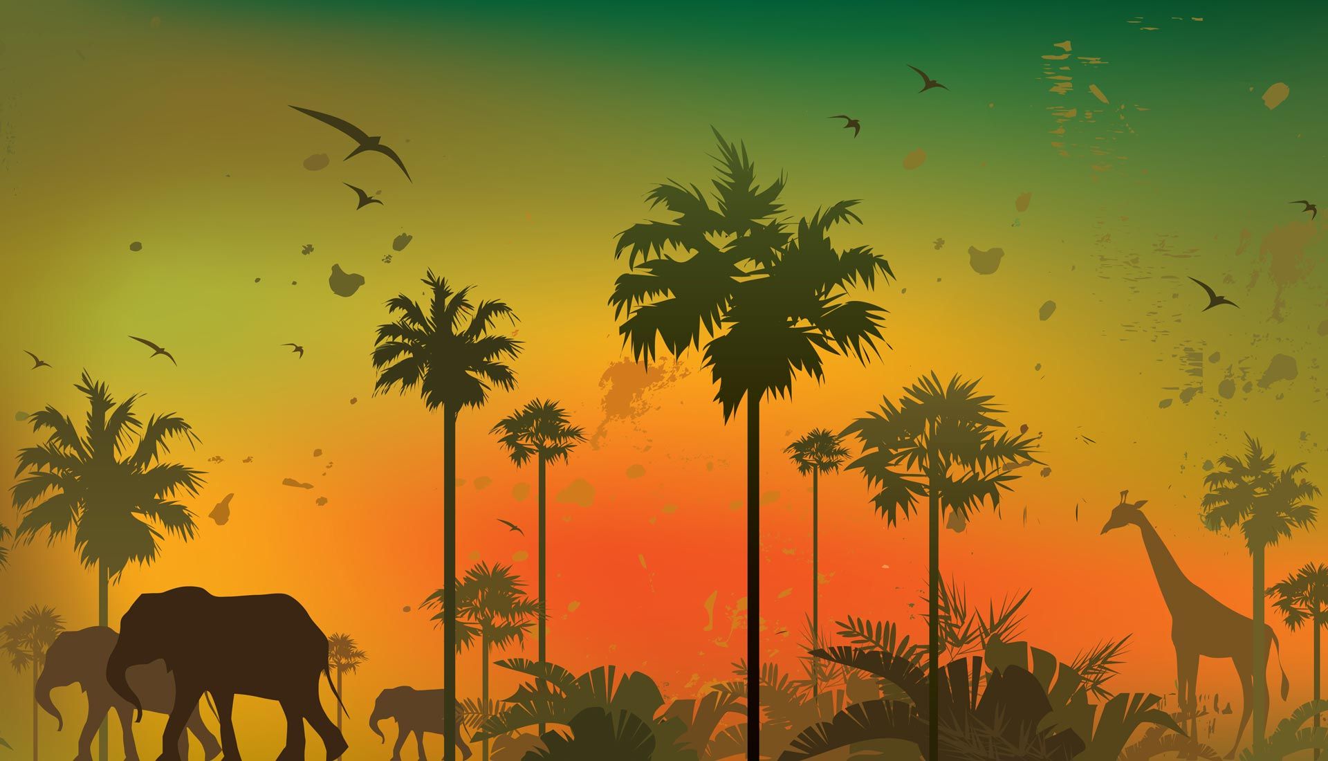 silhouettes of animals and palm trees against a sunset sky