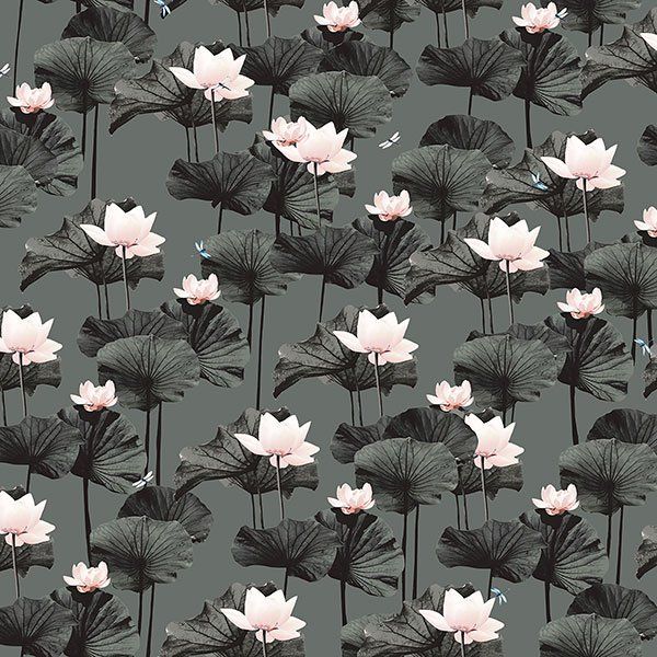 a seamless pattern of pink lotus flowers and black leaves on a gray background